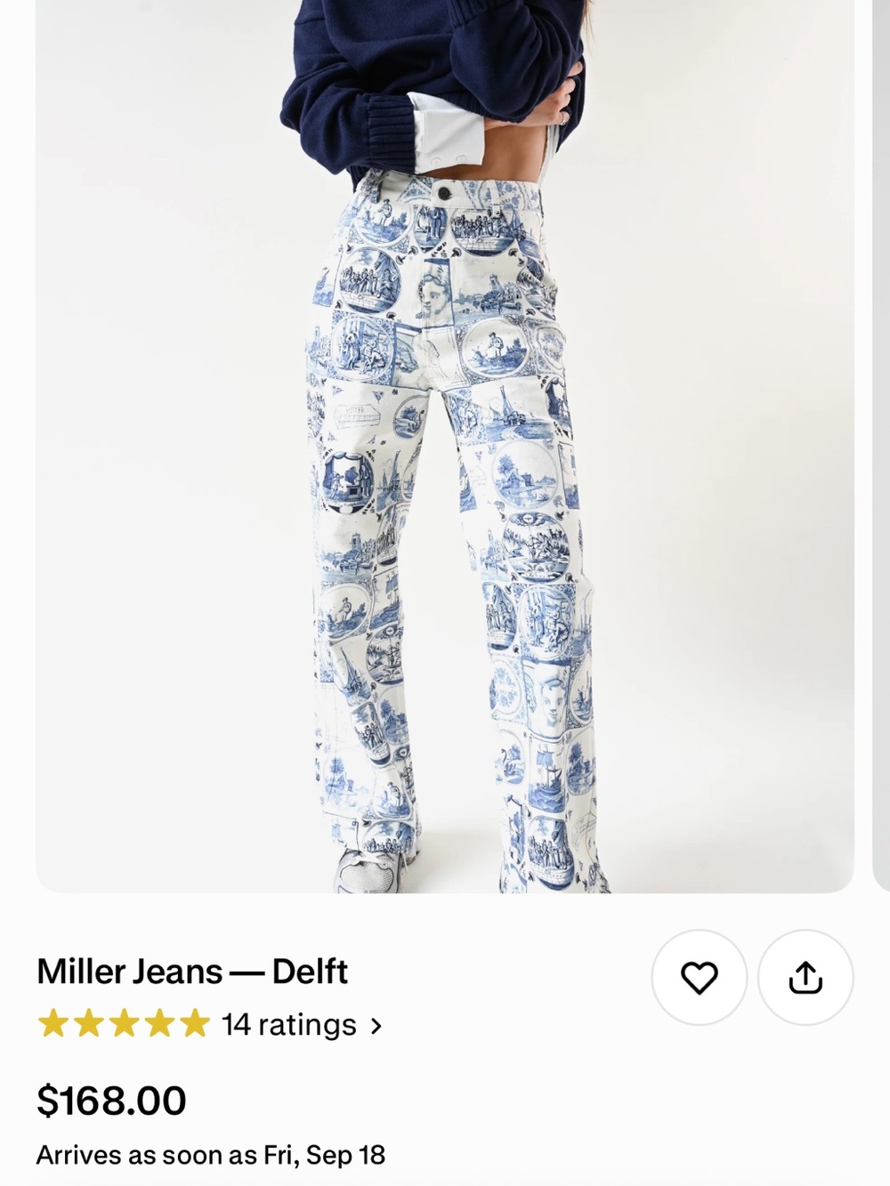 Delft Print Wide-Leg Jeans in Blue/White